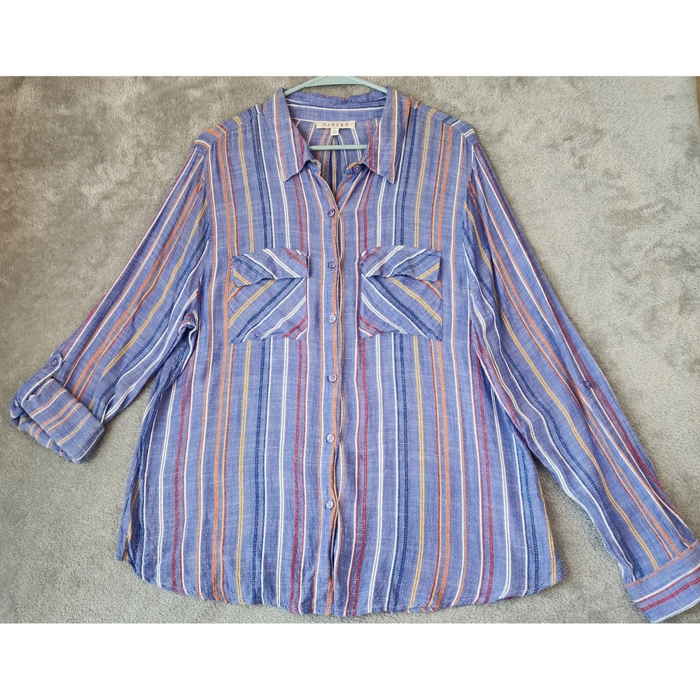 Harper Shirt Womens XL Blue Striped Button Down Roll Tab Sleeve Rayon Casual